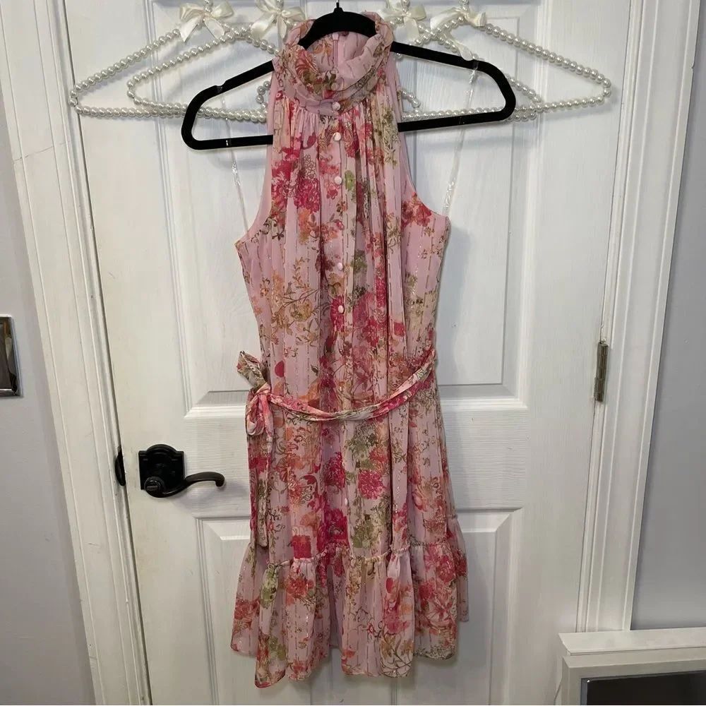 Taylor Women's Pink Floral-Print Mock-Neck A-Line Dress